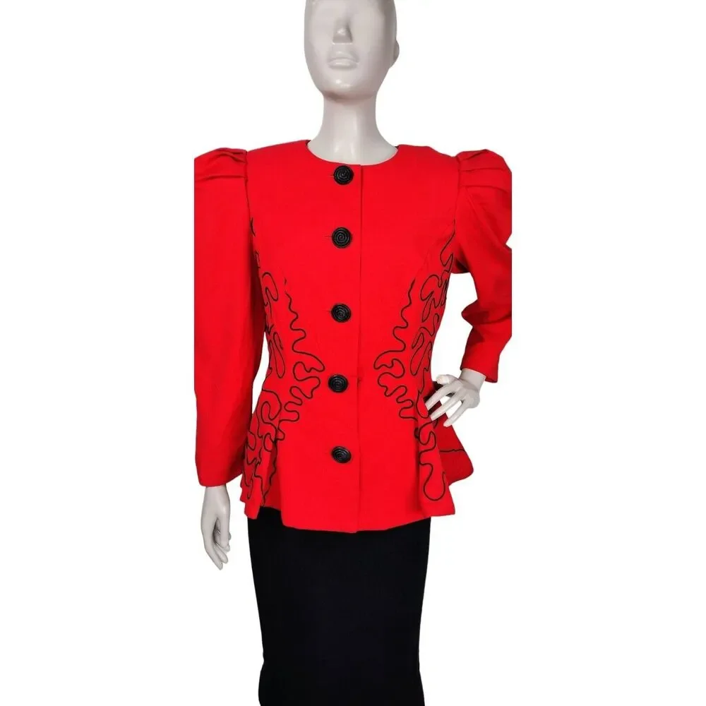 VTG 80s Does 40s Leslie Lucks Soutache High Shoulder Puff Sleeve Peplum Blazer